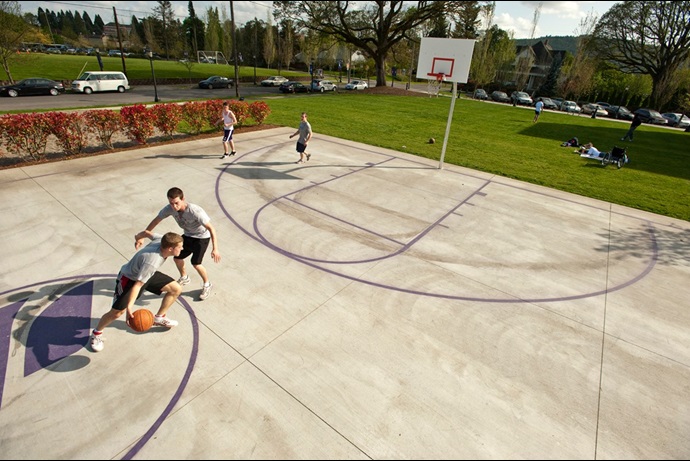 Students playing basketball.